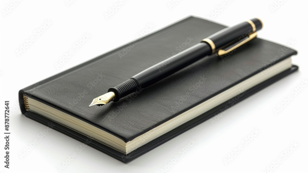 Poster black notebook and pen on white background with clipping path