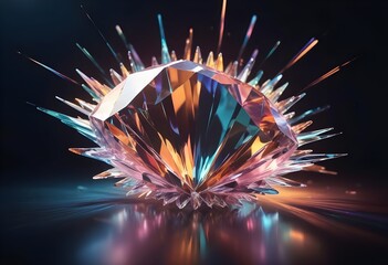 Burst flower like holographic Crystal with colorful light reflections, dark background, painting, multicolor, reflections, shiny, background, abstract, fantasy