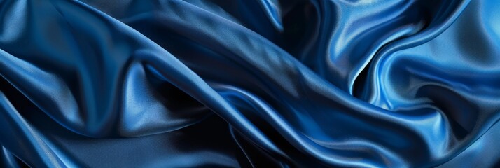 Fototapeta premium Blue drapery silk fabric background. Wavy satin cloth texture pattern. Smooth shiny drape material