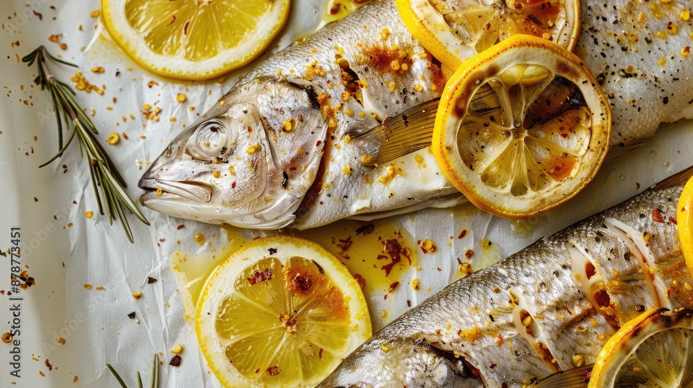Poster close up of fish with lemon slices and spices with empty space