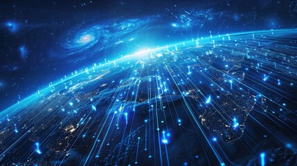 Obraz premium Global network of bright blue lines connecting earth to the stars