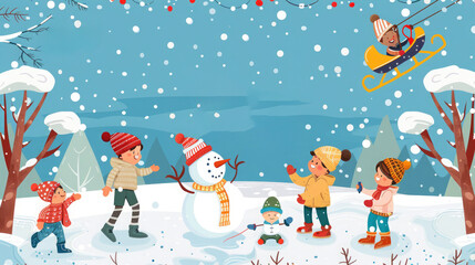 Obraz premium Vibrant New Year 2025 card depicting a playful winter landscape and children in winter attire. 2025 holidays card