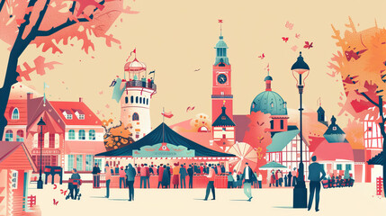 Naklejka premium Risograph riso print travel poster, card, wallpaper or banner illustration, modern, isolated, clear and simple of Oktoberfest, Munich, Germany. Artistic, screen printing, stencil