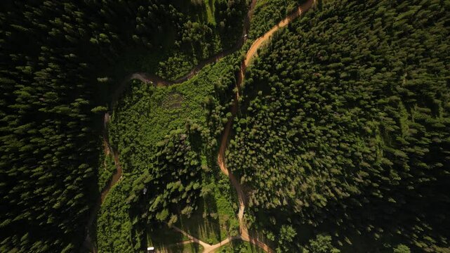 Top down aerial above Loop Creek in Saint Joe Mountains in north Idaho at sunset