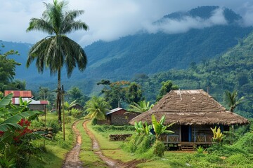 Obraz premium A scenic path winds through a lush, mountainous region, leading to a traditional thatched-roof home surrounded by palm trees and vibrant vegetation