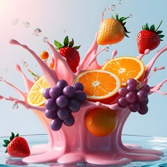 3d realistic splash set of yogurt or milk with fruits and berries, strawberry, vanilla, orange, blueberry.