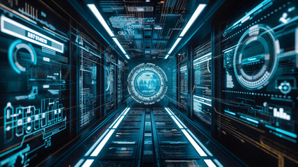 The corridor is modernized with cuttingedge features like digital interfaces and holographic displays, creating a futuristic and advanced environment for innovation and technology