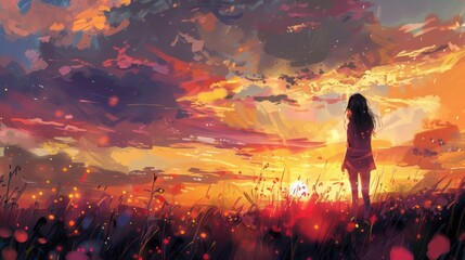 Fototapeta premium Woman standing in field at sunset