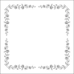 Elegant black and white vegetal ornamental frame with daisy flowers, decorative border, corners for greeting cards, banners, business cards, invitations, menus. Isolated vector illustration.	
