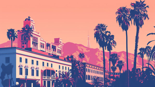 Risograph riso print travel poster, card, wallpaper or banner illustration, modern, isolated, clear and simple of Paramount Studios, Los Angeles, USA. Artistic, screen printing, stencil