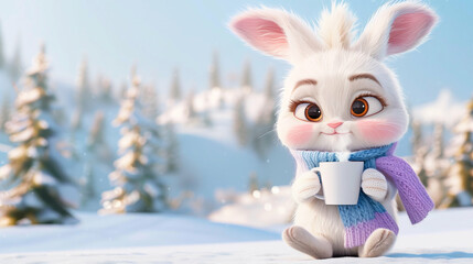 Adorable Bunny Enjoying a Hot Drink in a Winter Wonderland. Cute Animated Scene with Snowy Forest