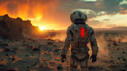 Fototapeta premium A cinematic still of an astronaut wearing a white and brown suit with black gloves walking on the planet Mars. He has his back to the camera, with dust around him