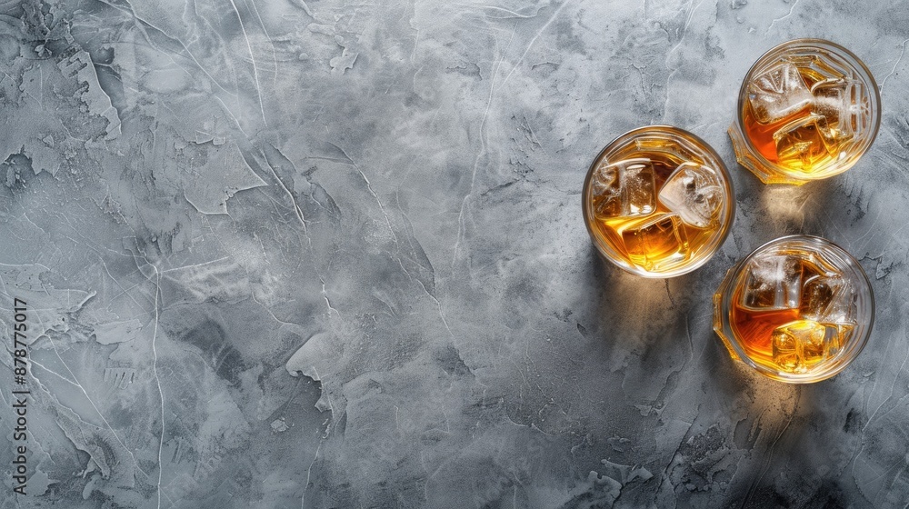 Poster scotch on ice in two glasses on gray stone background with space for text