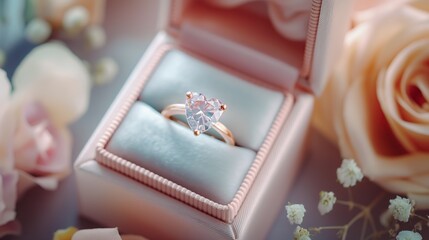 Wedding rings in a pink gift box on a background of flowers