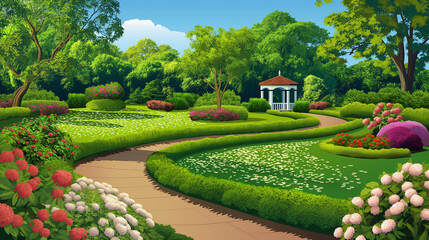 Obraz premium A beautiful garden with a path and a gazebo