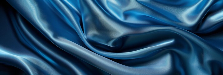 Fototapeta premium Blue drapery silk fabric background. Wavy satin cloth texture pattern. Smooth shiny drape material