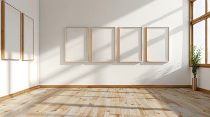 Obraz premium Empty picture frames on white wall in sunlit room