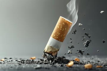 Cigarette butt with ashes and smoke on dark background, closeup