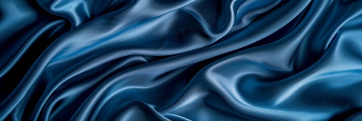Fototapeta premium Blue drapery silk fabric background. Wavy satin cloth texture pattern. Smooth shiny drape material