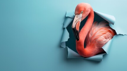 Cute flamingo peeks through the hole in the paper wall. © MadMouse