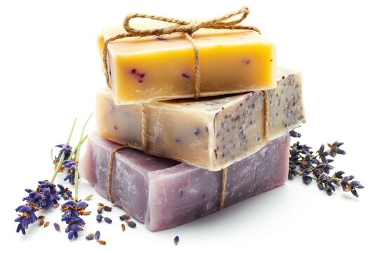 Three different bars of handmade soap with herbs and lavender isolated on white background