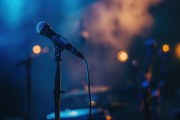 Obraz premium Microphone on stage with bokeh background. Music and concert concept