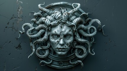 Gorgon medusa sculpture with snake hair on a dark blue background