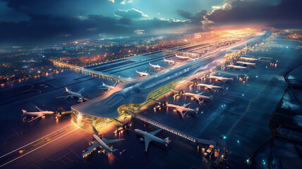 The mesmerizing sunset at the international airport terminal illuminates the bustling scene of planes and runways, signifying the hub of global transit and travel under the evening light