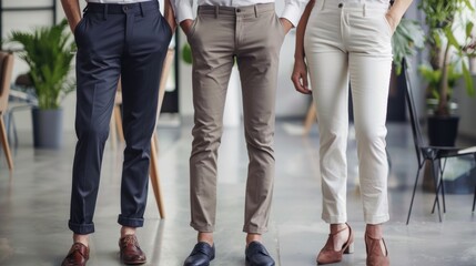 Three people standing in office setting wearing formal pants