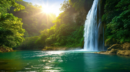 A waterfall is surrounded by trees and a body of water