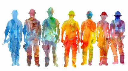 Obraz premium Watercolor illustration of eight construction workers standing in a row