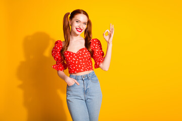 Photo portrait of lovely young lady show okey symbol approve dressed stylish red garment isolated on yellow color background