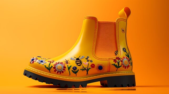 On an orange origins a yellow elastic boot with vivid rise flowers bugs and bees