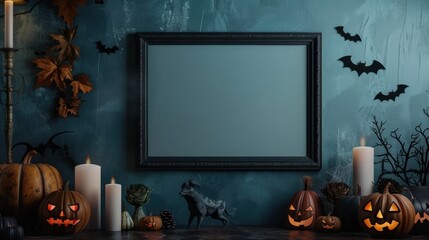 Halloween decor with pumpkins, candles, and bats on a teal wall