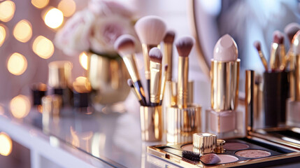 Detailed View of High-End Makeup Brushes and Cosmetics on Vanity Table