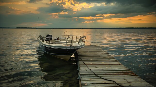 On pewaukee lake a sport fish boat is attached to a pier