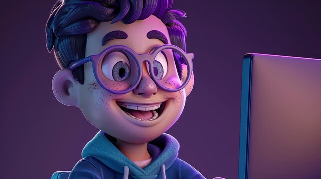 3D Boy Using Computer With Glasses
