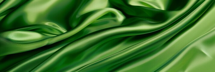 Fototapeta premium Green drapery silk fabric background. Wavy satin cloth texture pattern. Smooth shiny drape material