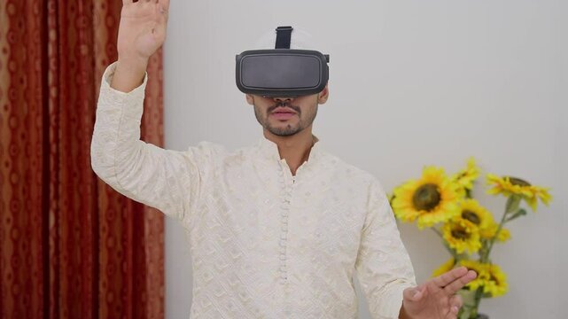 Muslim Man Zooming and Using Vertual Computer Through VR Headset