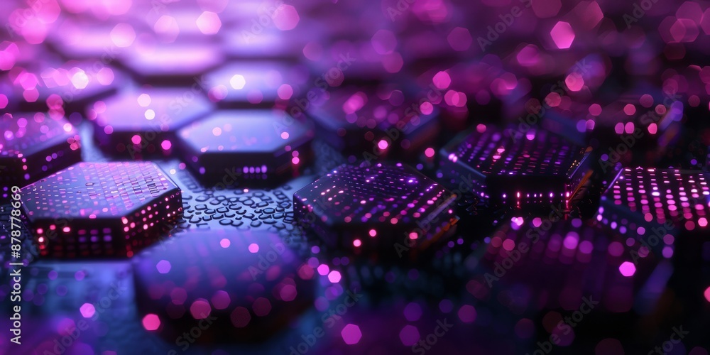 Poster a hightech setting featuring illuminated hexagons and abstract design elements in a futuristic digit