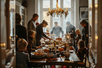 Family Thanksgiving Gathering Preparing Festive Meal. Concepts of family, togetherness, and holiday celebration.