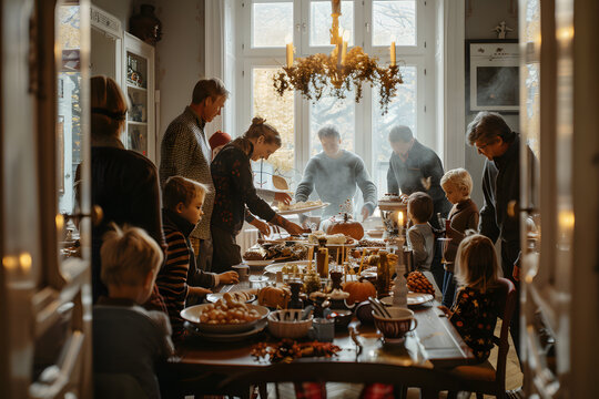 Family Thanksgiving Gathering Preparing Festive Meal. Concepts of family, togetherness, and holiday celebration.