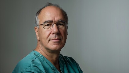 Fototapeta premium Headshot of a confident male doctor in scrubs against a clean white background, healthcare concept, copy space for text magazine ad, studio shot, high-resolution photography. Subject positioned on the