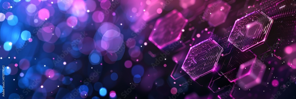 Poster a hightech setting featuring illuminated hexagons and abstract design elements in a futuristic digit