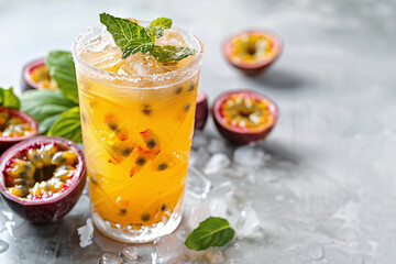 Fototapeta premium Cold cocktail with passion fruit puree and mint leaves
