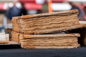 Books on a market stall at the annual book fair in Dordrecht offer a diverse selection of genres and authors, attracting avid readers and collectors with rare finds and popular titles.