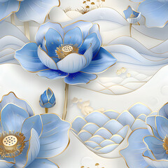 Asian seamless pattern with blue and gold lotus flower, leaves and buds. Elegant floral minimalistic wallpaper, banner, background. Oriental Chinese or Japanese style. Happy Vesak Day, Buddha Purnima