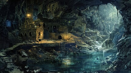 A hidden city within a cave with a small waterfall