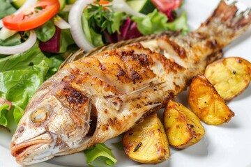 Fried fish with plantains and salad