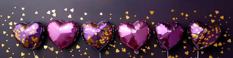 Purple background with heart-shaped foil balloons and golden confetti, top view banner design with space for text.